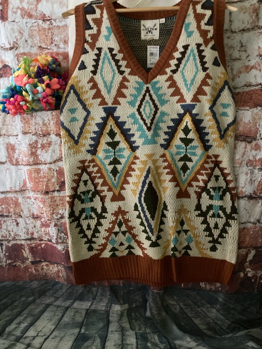 Beige Aztec V-Neck Sweater Vest with Brown Trim Cotton Rye